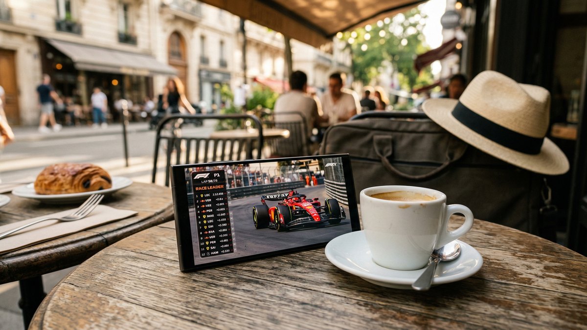 Samsung Galaxy S24 Ultra affichant un match de Formule 1 sur une table de café parisien