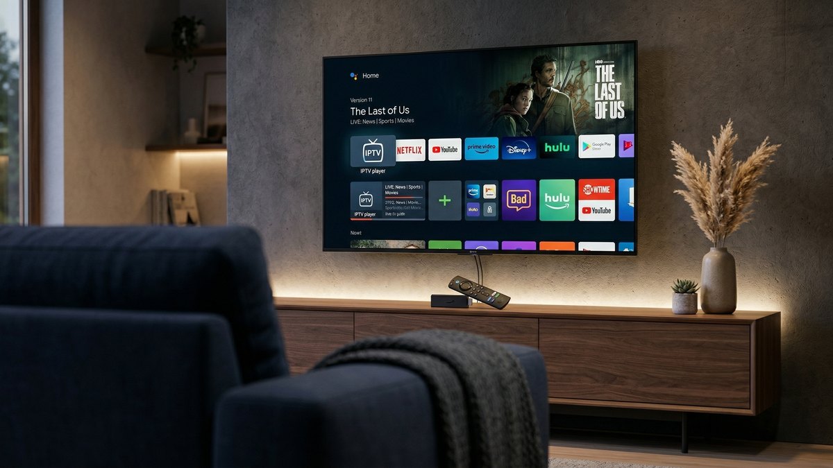 Interface Android TV sur écran mural avec Amazon Firestick posé sur console en noyer