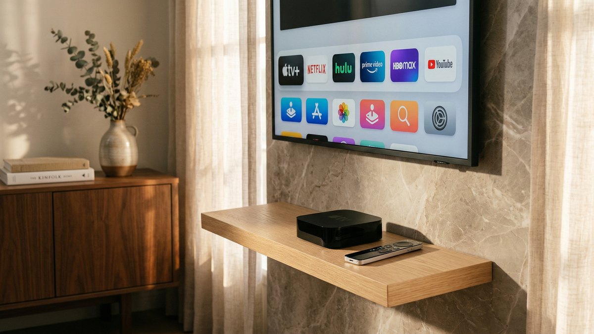 Apple TV 4K avec télécommande Siri Remote sur étagère en chêne dans intérieur minimaliste