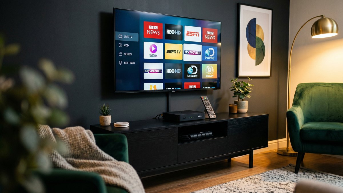 Box MAG Infomir noire posée sur console TV avec télécommande dans un salon moderne