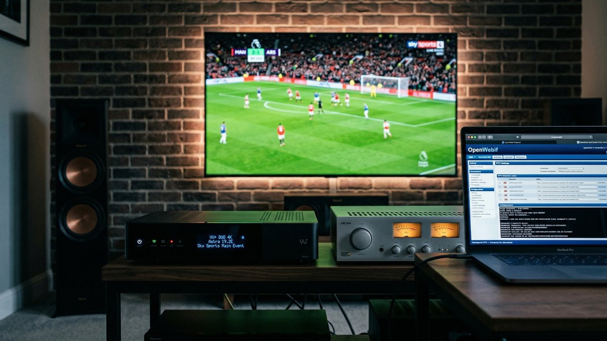 Récepteur Vu+ Enigma2 noir sur meuble AV avec laptop affichant l'interface WebIf