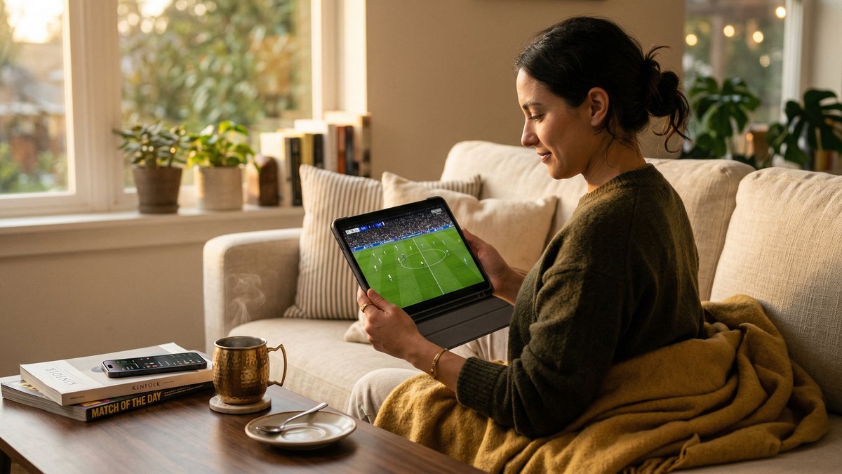 iPad Pro affichant un match de Champions League tenu en main sur un canapé, iPhone à côté