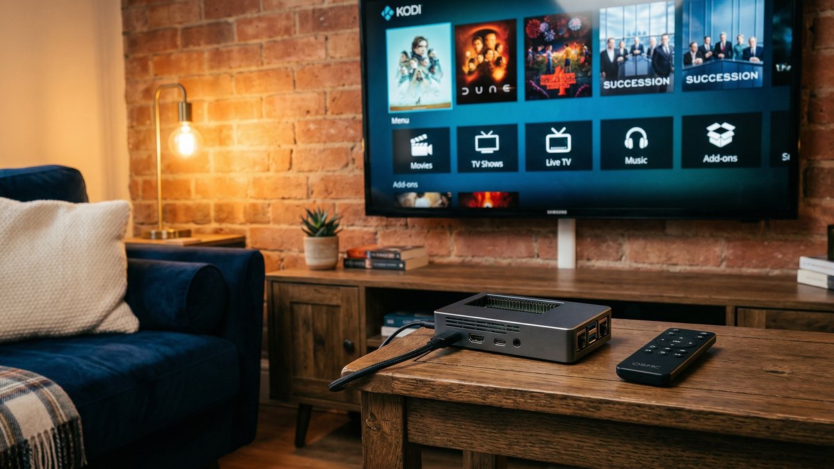 Raspberry Pi 5 sous Kodi affichant l'interface media center sur une TV dans un salon