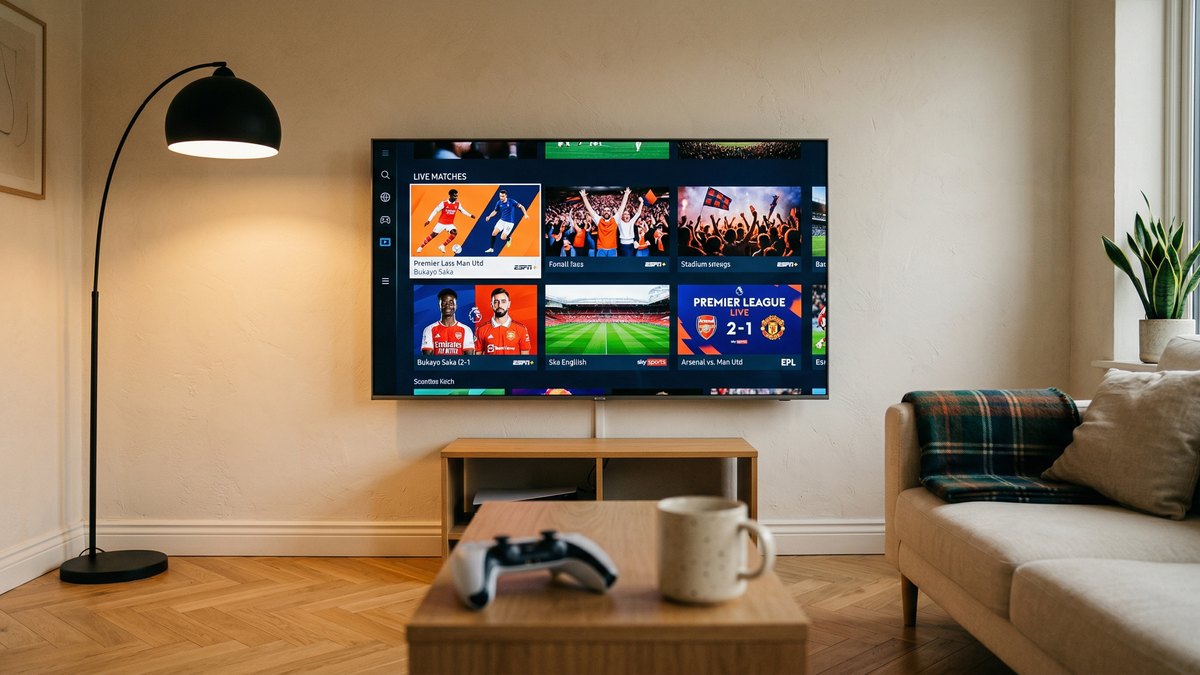 Smart TV Samsung QLED murale affichant une interface IPTV sportive dans un salon scandinave