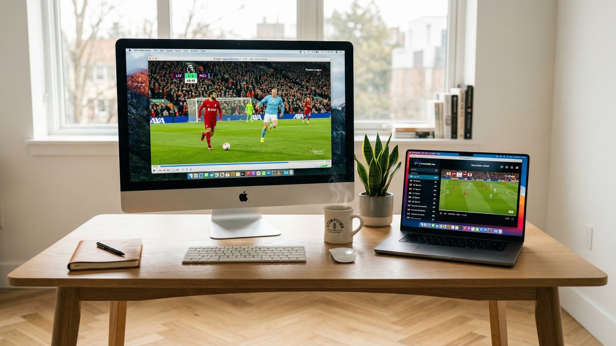 iMac et MacBook Pro affichant VLC et IPTV Smarters Pro sur un bureau minimaliste